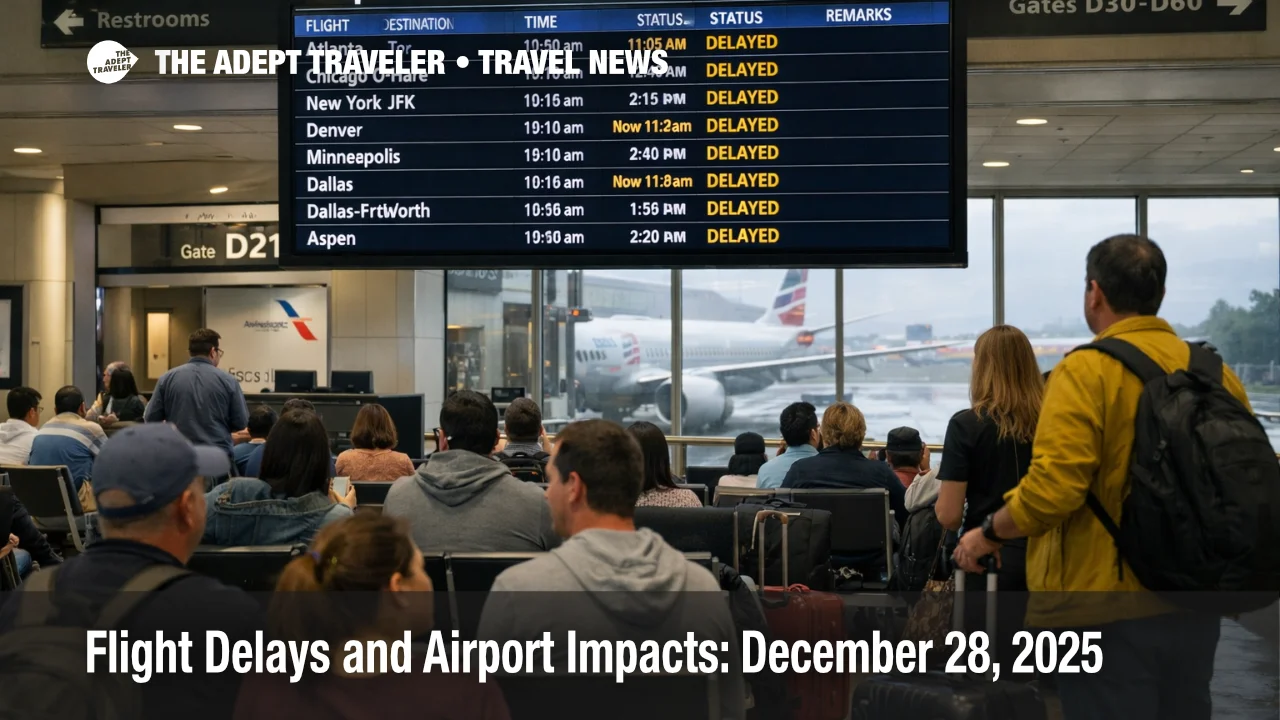 U.S. airport delays December 28 shown at Miami International as travelers watch a departures board with delays