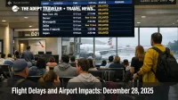 U.S. airport delays December 28 shown at Miami International as travelers watch a departures board with delays