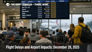 U.S. airport delays December 28 shown at Miami International as travelers watch a departures board with delays