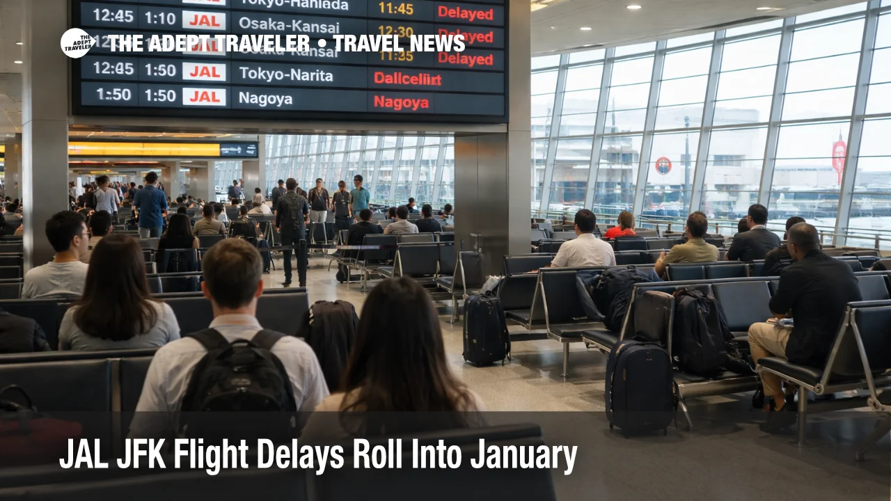 JAL JFK flight delays shown on a departures board at JFK, with travelers waiting near a gate area.