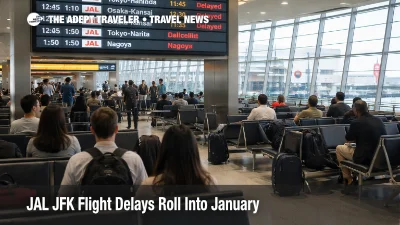 JAL JFK flight delays shown on a departures board at JFK, with travelers waiting near a gate area.