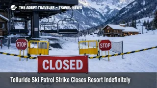 Telluride ski patrol strike shown by a closed chairlift at the base area, signaling a resort shutdown for travelers