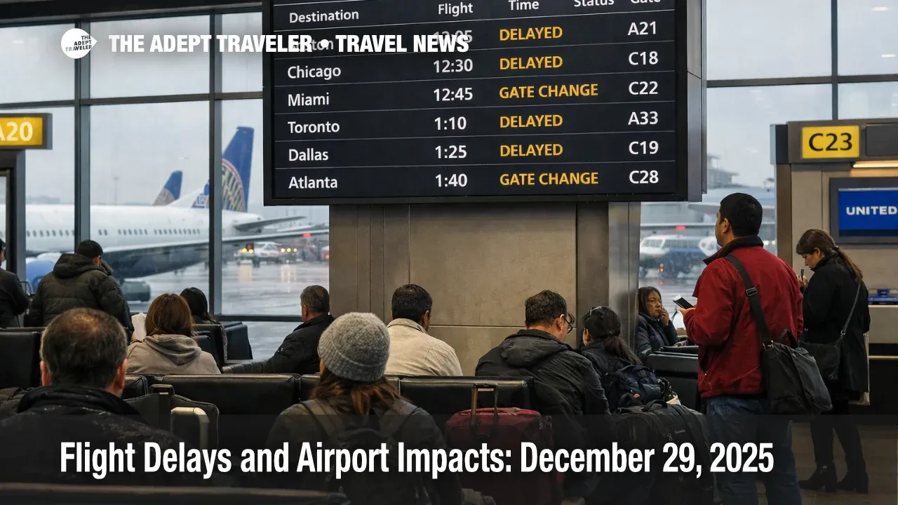 FAA flight delays December 29 shown by delayed flights on a concourse departures board at Newark Liberty International Airport