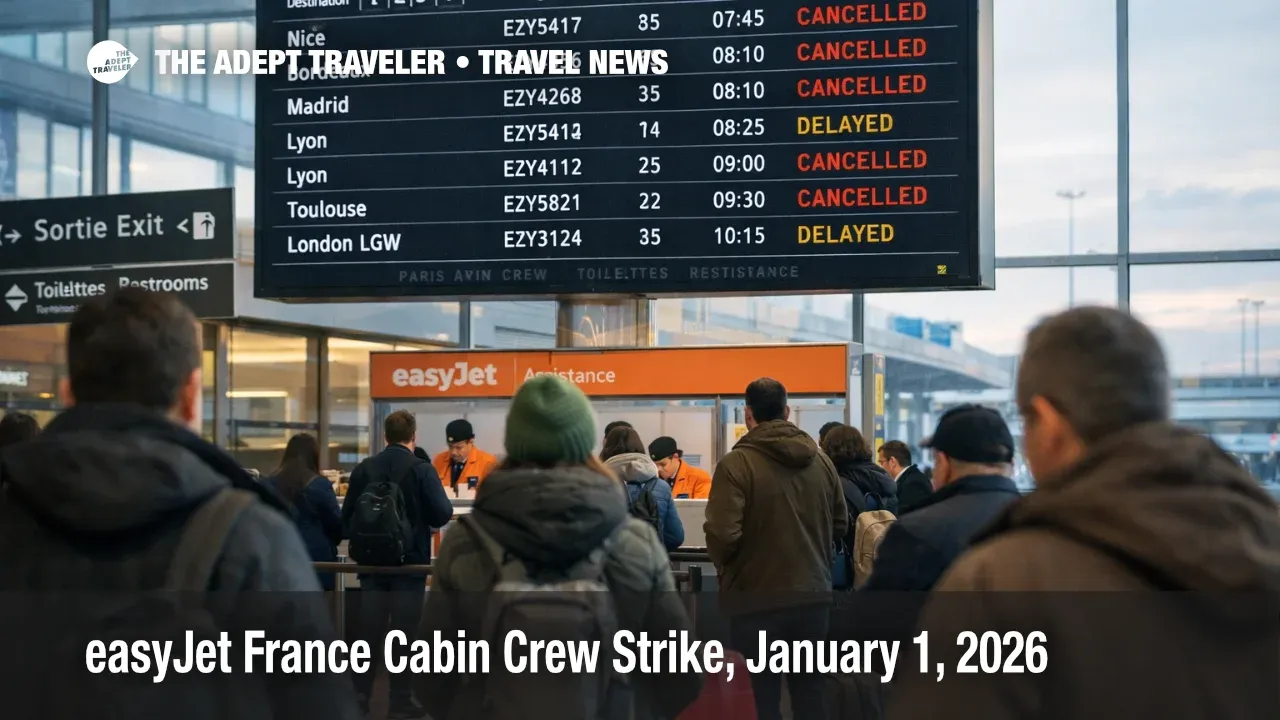 Paris Orly departures board shows cancellations amid easyJet France strike January 1 2026 as travelers queue