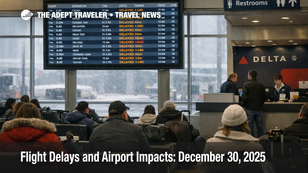 US flight delays December 30 shown by DTW departures board with multiple delays during snow and runway work