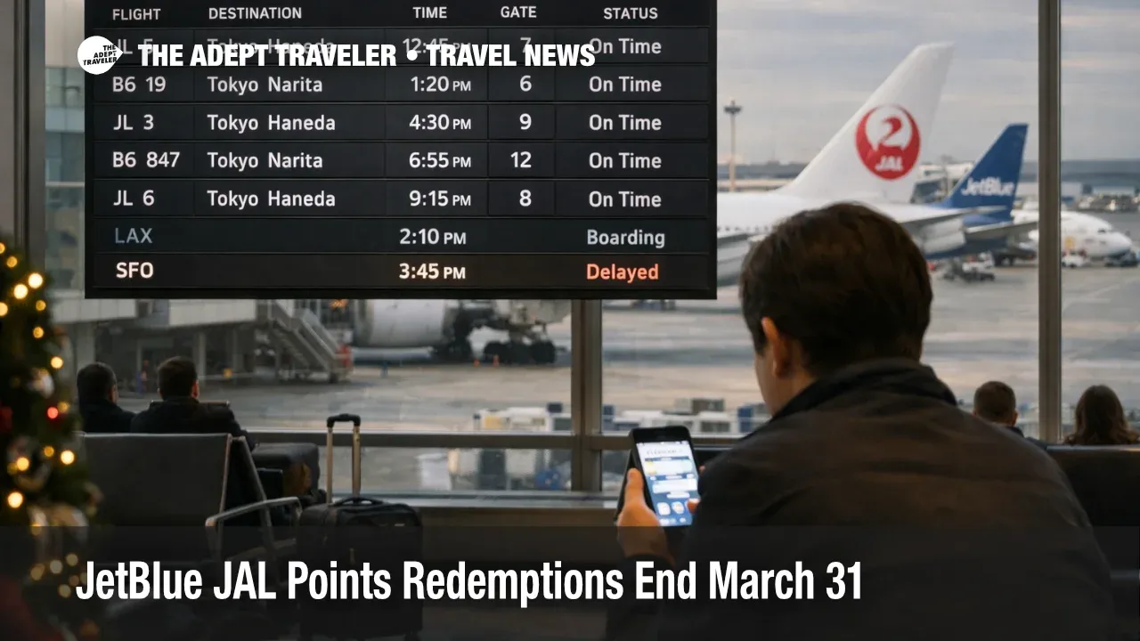 JetBlue JAL points redemptions end March 31, 2026, as a traveler checks Tokyo flights on a JFK departures board