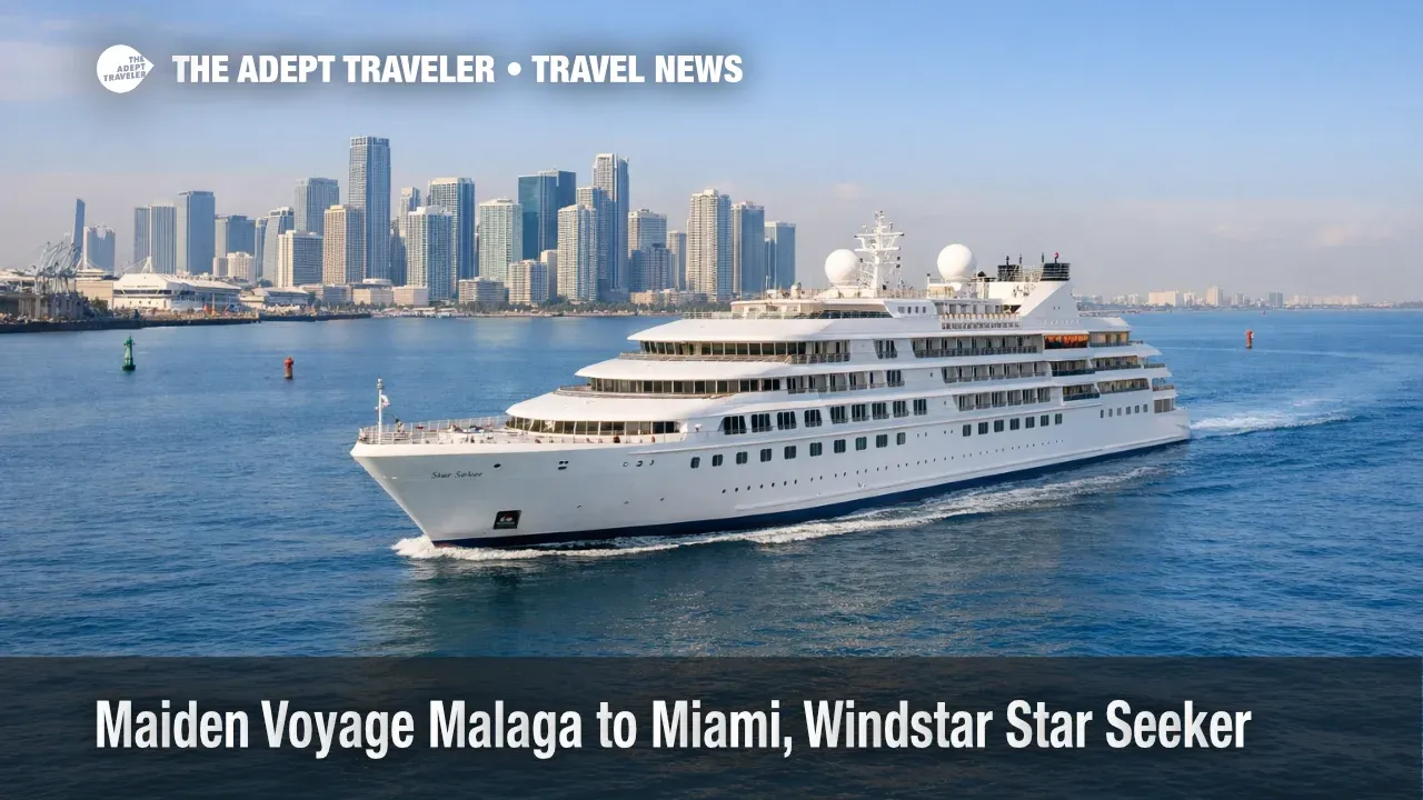 Star Seeker maiden voyage Malaga to Miami reaches Miami waters, the yacht underway near the skyline before christening