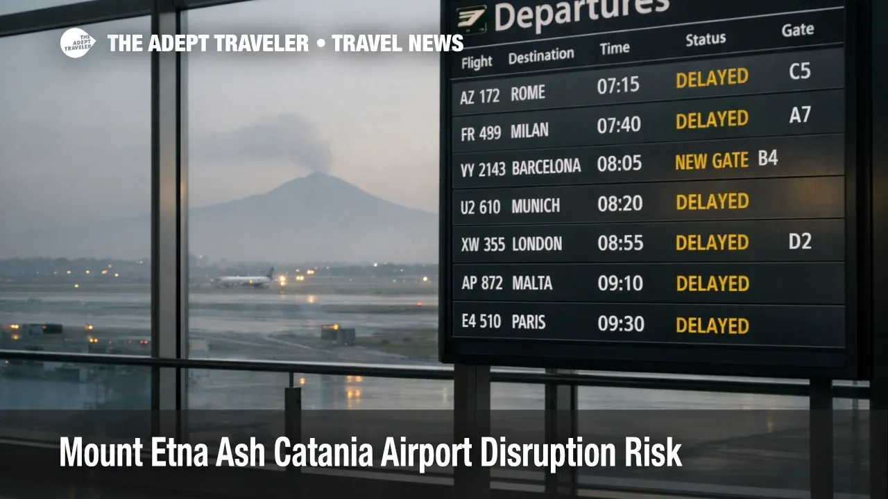 Mount Etna ash Catania airport risk shown by a hazy runway and a departures board with delays