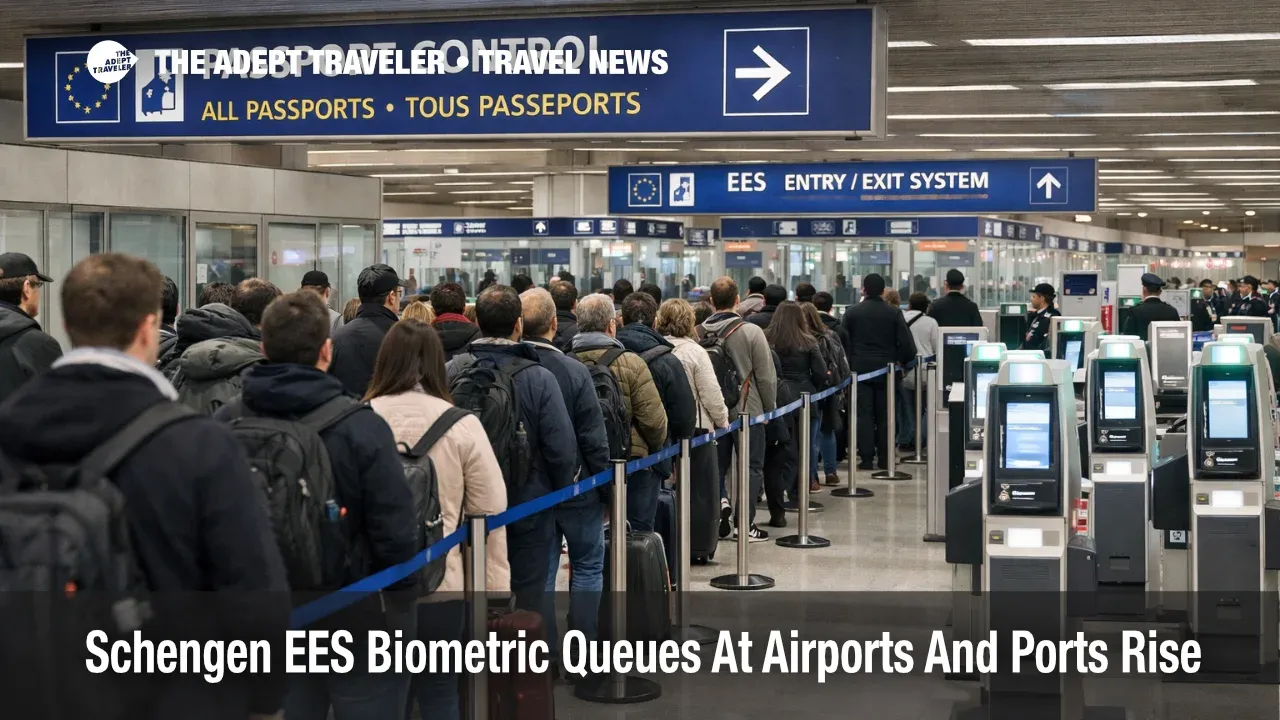 Schengen EES biometric border queues at CDG show long passport control lines that threaten tight onward connections