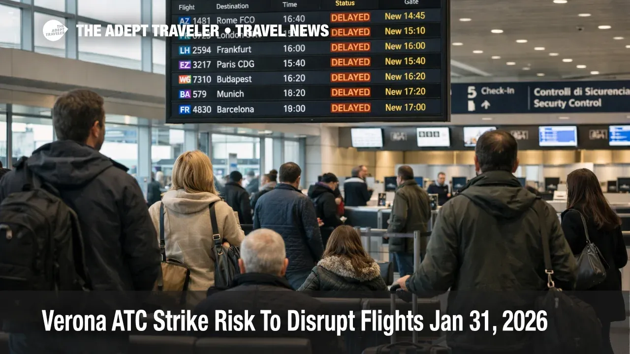 Verona ATC strike risk shown by delays on Verona Villafranca departures board as travelers wait to rebook