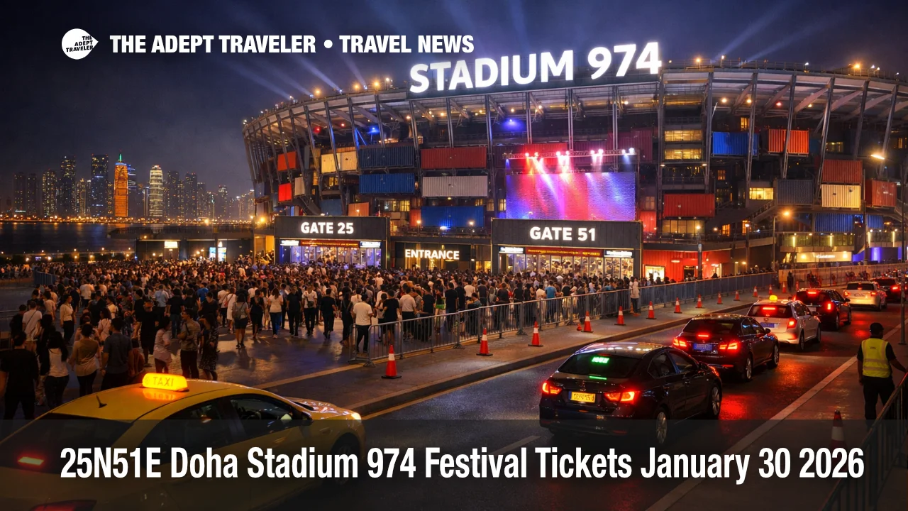 25N51E Music Festival Doha crowds approach Stadium 974 at night, with entry lines and stage lighting visible