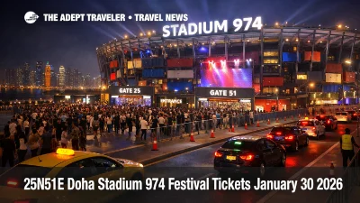 25N51E Music Festival Doha crowds approach Stadium 974 at night, with entry lines and stage lighting visible