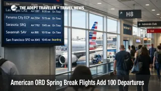American ORD spring break flights shown on an O'Hare departures board beside an American jet at the gate