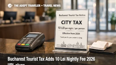 Bucharest tourist tax notice at a hotel check in desk, showing the 10 lei per night fee for 2026 stays