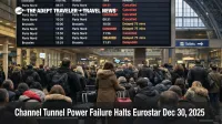 Channel Tunnel power failure Eurostar delays shown on St Pancras departures board with packed waiting area