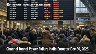 Channel Tunnel power failure Eurostar delays shown on St Pancras departures board with packed waiting area