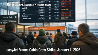 Paris Orly departures board shows cancellations amid easyJet France strike January 1 2026 as travelers queue