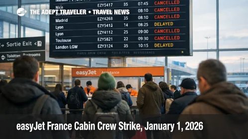 Paris Orly departures board shows cancellations amid easyJet France strike January 1 2026 as travelers queue