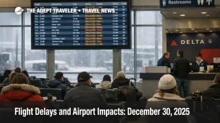 US flight delays December 30 shown by DTW departures board with multiple delays during snow and runway work