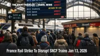 France rail strike Jan 13 shown at Paris Gare de Lyon with a departures board listing canceled SNCF trains and waiting travelers