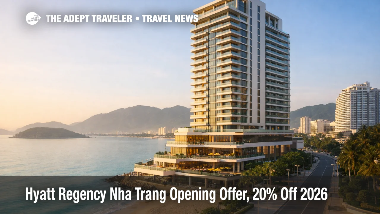 Hyatt Regency Nha Trang opening offer shown by an oceanfront high rise on Nha Trang Bay, signaling Feb 2026 deals