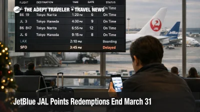JetBlue JAL points redemptions end March 31, 2026, as a traveler checks Tokyo flights on a JFK departures board