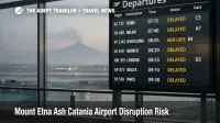 Mount Etna ash Catania airport risk shown by a hazy runway and a departures board with delays