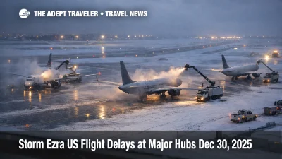 Storm Ezra flights Dec 30 snarl a snowy U.S. hub runway as deicing and low clouds drive delays and cancellations