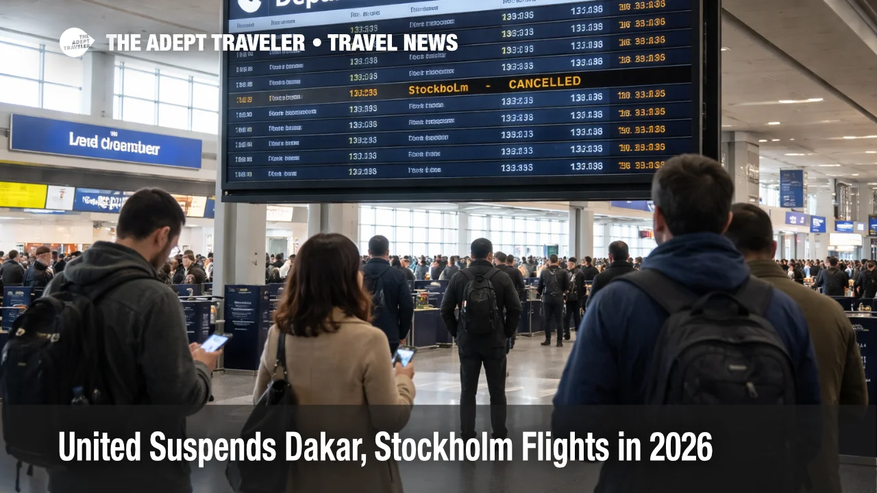 United suspends Dakar Stockholm flights, travelers at EWR check a departures board as Stockholm service disappears