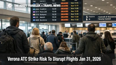 Verona ATC strike risk shown by delays on Verona Villafranca departures board as travelers wait to rebook