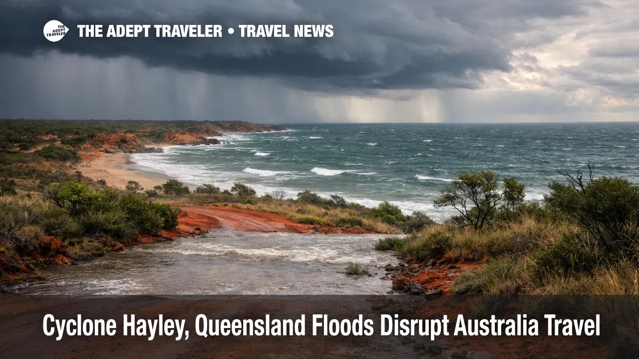 Storm clouds over the Kimberley coast as Cyclone Hayley Australia travel disruption forces road and flight reroutes