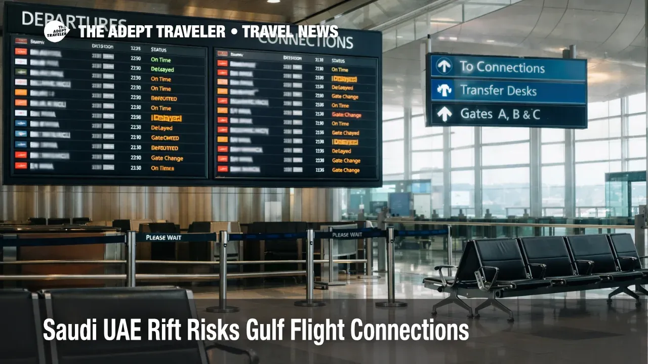 Saudi UAE rift Gulf flights, travelers watch connection boards at Dubai International as disruption risk rises