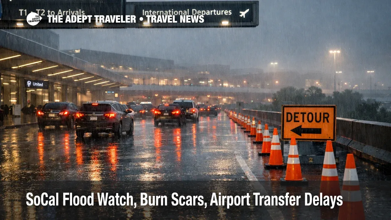 SoCal flood watch airport transfers at LAX show rain, slow traffic, and detour signs near the terminals