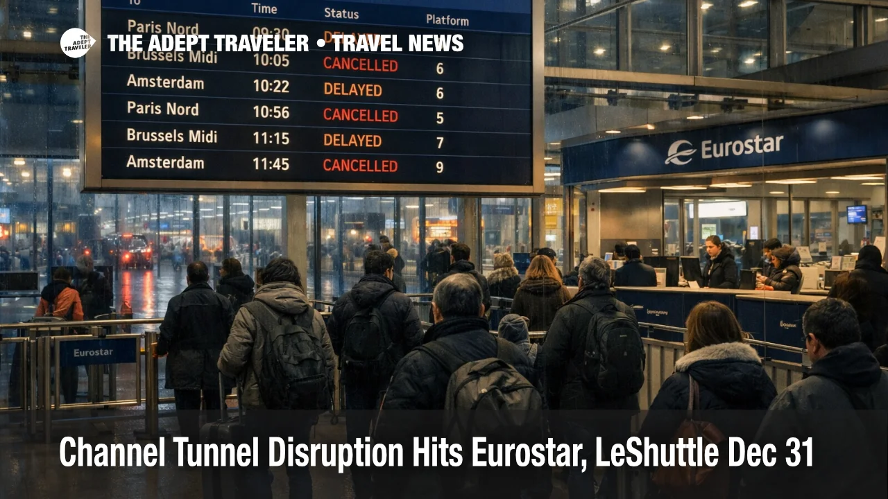 Channel Tunnel disruption shown on Eurostar board at London St Pancras, with delayed trains and crowding