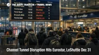 Channel Tunnel disruption shown on Eurostar board at London St Pancras, with delayed trains and crowding