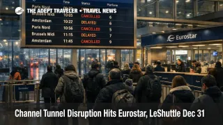 Channel Tunnel disruption shown on Eurostar board at London St Pancras, with delayed trains and crowding