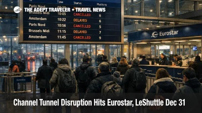 Channel Tunnel disruption shown on Eurostar board at London St Pancras, with delayed trains and crowding