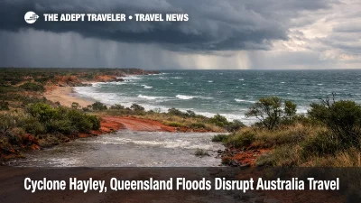 Storm clouds over the Kimberley coast as Cyclone Hayley Australia travel disruption forces road and flight reroutes