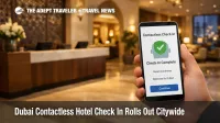 Dubai contactless hotel check-in shown in a modern lobby as travelers use phones to bypass the front desk