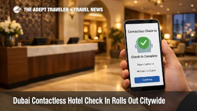Dubai contactless hotel check-in shown in a modern lobby as travelers use phones to bypass the front desk