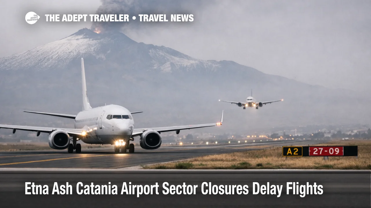 Etna ash Catania Airport sector closures show jets holding under a hazy sky, signaling Sicily delay and diversion risk