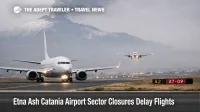 Etna ash Catania Airport sector closures show jets holding under a hazy sky, signaling Sicily delay and diversion risk