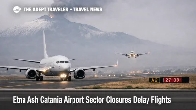 Etna ash Catania Airport sector closures show jets holding under a hazy sky, signaling Sicily delay and diversion risk