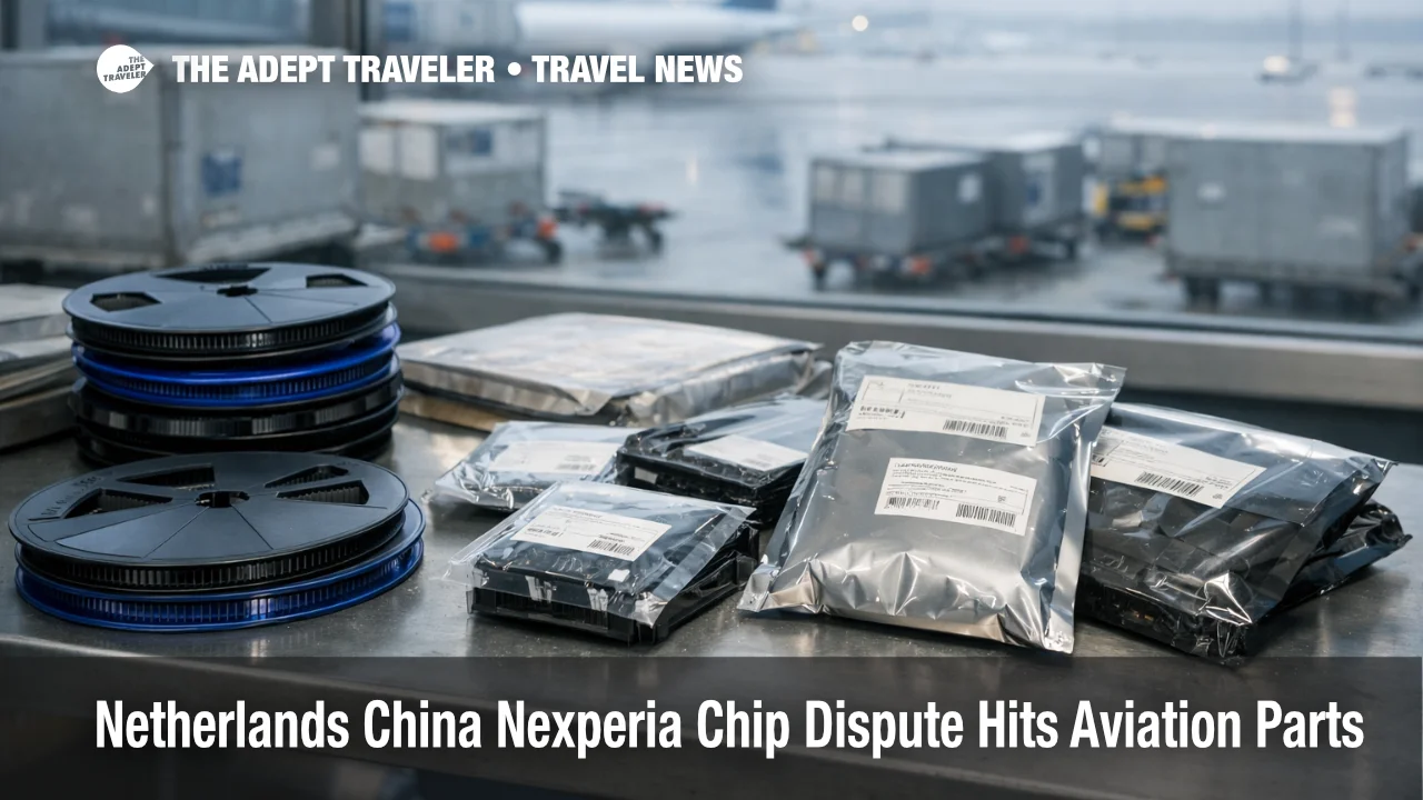 Amsterdam cargo desk with chip reels, showing Netherlands China Nexperia dispute aviation parts delay risk
