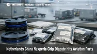 Amsterdam cargo desk with chip reels, showing Netherlands China Nexperia dispute aviation parts delay risk