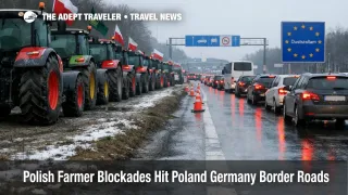Poland Germany border blockades force long queues as tractors line a winter border approach road near a crossing