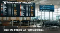 Saudi UAE rift Gulf flights, travelers watch connection boards at Dubai International as disruption risk rises