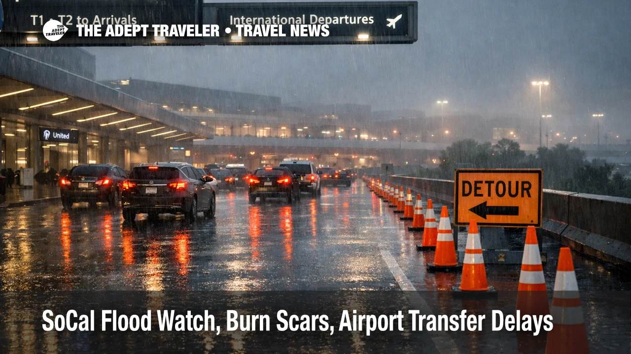 SoCal flood watch airport transfers at LAX show rain, slow traffic, and detour signs near the terminals