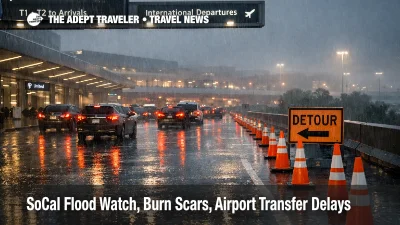 SoCal flood watch airport transfers at LAX show rain, slow traffic, and detour signs near the terminals
