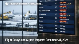 US flight delays December 31 shown on a departures board as snow and wind slow operations at a busy hub